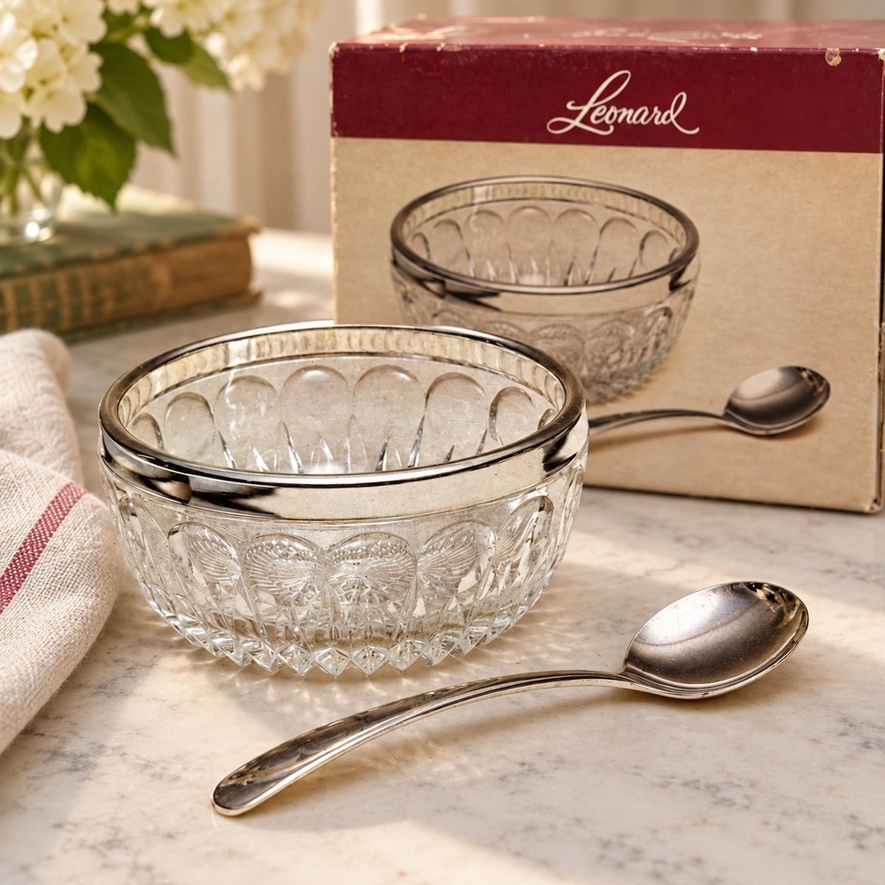 Leonard Silver Plate Crystal Sauce Bowl Serving Set N.351 Vintage Italy